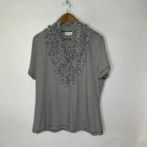 Soft Surroundings Pullover Shirt Women Sz S Black Stripes V Neck Ruffle Trim